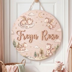 Personalized Dragon Dream Nursery Name Sign, Cute Baby Dragon Round Wood Sign