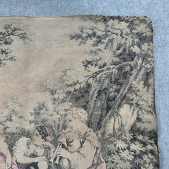 Vintage French Country Tapestry Fabric Panel Pastoral Scene Figures Sheep Birds
