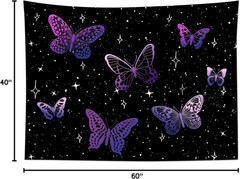 Purple Butterfly Tapestry Wall Hanging Black Starry Night Sky with Celestial Gal