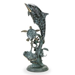 Dolphin Seaworld Sculpture Brass Marble Nautical Ocean Sealife Statue 29In H