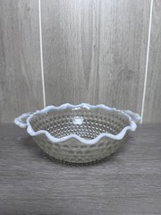 Vintage Clear Opalescent Hobnail Ruffled Edge Glass Bowl Dish with Handles