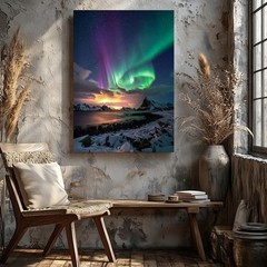 Canvas Wall Art Northern Lights Snowy Coast Celestial Aurora Landscape When