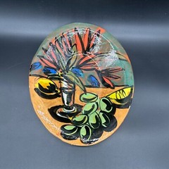 Pottery Bowl Wall Hanging Hand Painted Folk Art Redware Handmade Mid Century