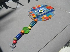Fused Glass Round Evil Eye Mosaic Decor Wall Hanging, ~10″ long, 5″ diameter