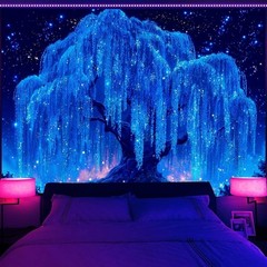 Blacklight Starry Night Tree Tapestry, UV Reactive Neon Willow Tree of Life Wall