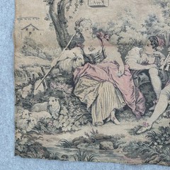 Vintage French Country Tapestry Fabric Panel Pastoral Scene Figures Sheep Birds