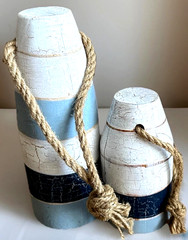 2 Vintage Ocean & Lake Blue Wooden Distressed Painted Lobster Trap Buoy Maine