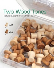 40 Pcs Wood Push Pins, Decorative Wooden Thumb Tacks for Cork Board, Natural & L