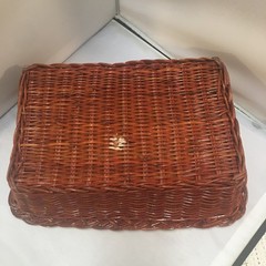 Woven Wicker Storage Basket Medium Brown Braided Rim Rectangular Cottagecore