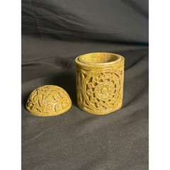 Unbranded Soapstone Jar Unisex Small Tan Excellent Hand Carved Floral Openwork