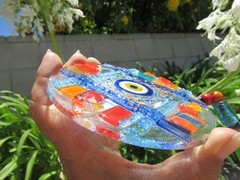 Fused Glass Round Evil Eye Mosaic Decor Wall Hanging, ~10″ long, 5″ diameter