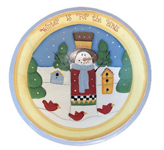 Decorative Hand Painted Wood Bowl Snowman Winter Theme