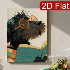 Black Dog Reading Book with Glasses Canvas Wall Art, Whimsical Pet Home Decor