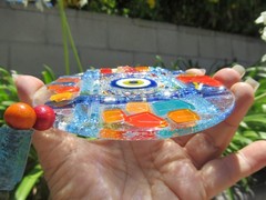 Fused Glass Round Evil Eye Mosaic Decor Wall Hanging, ~10″ long, 5″ diameter