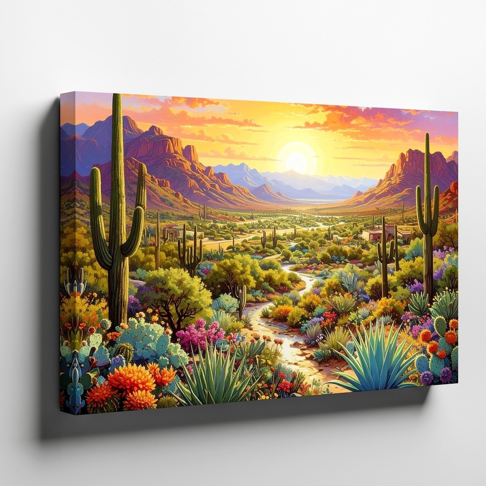 Canvas Wall Art a Richly Detailed Desert Painting Featuring a Lush Valley