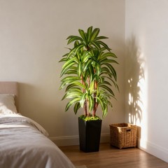 Artificial Dracaena Tree with Lights, 5Ft Fake Plants Black Tall Planter Indoor