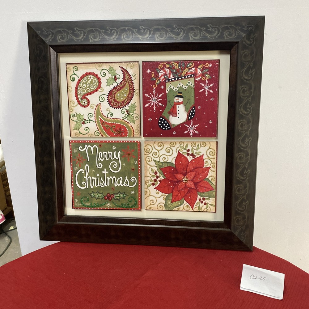 Framed Set Of 4 Wood Squares Christmas Themed Stocking, Holly, Poinsettias 18X18