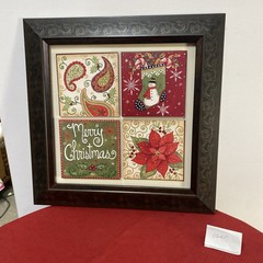 Framed Set Of 4 Wood Squares Christmas Themed Stocking, Holly, Poinsettias 18X18