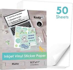 Koala Vinyl Sticker Paper Waterproof Matte White 50 Ct 8.5×11 for Inkjet Laser