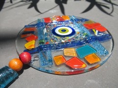 Fused Glass Round Evil Eye Mosaic Decor Wall Hanging, ~10″ long, 5″ diameter