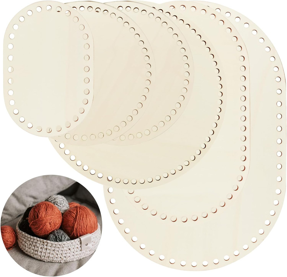 6 Pack Wooden Basket Base Set Oval and Round Crochet Bottoms for DIY Knitting