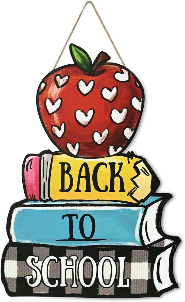 Smile Back to School Wooden Door Sign – Apple, Pencil & Book Stack Wall Decor fo