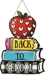 Smile Back to School Wooden Door Sign – Apple, Pencil & Book Stack Wall Decor fo