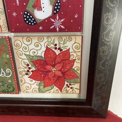 Framed Set Of 4 Wood Squares Christmas Themed Stocking, Holly, Poinsettias 18X18
