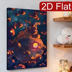 Underwater Submarine with Glowing Fish Canvas Wall Art, Whimsical Ocean Decor
