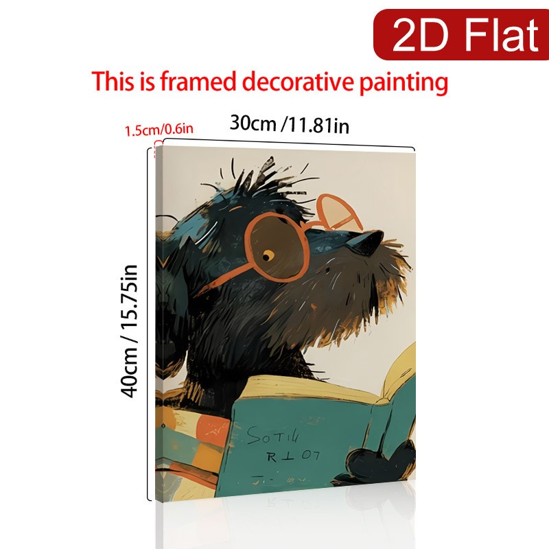 Black Dog Reading Book with Glasses Canvas Wall Art, Whimsical Pet Home Decor