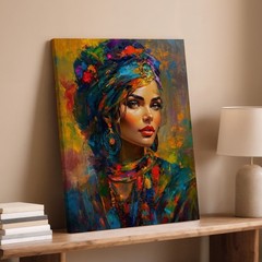 Colorful Turban Woman Portrait Canvas Wall Art Ethnic Abstract Painting Home