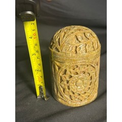 Unbranded Soapstone Jar Unisex Small Tan Excellent Hand Carved Floral Openwork