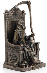 8 5″ Santa Muerte Goddess of Death on Throne w Scythe Scale Bronze Color Statue