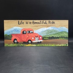 Hand Painted Old Red Truck on Faux Wood Vinyl Plaque Farm Country Picture 17″