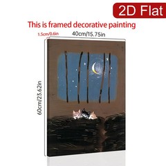 Three Kittens Watching Moon Canvas Wall Art, Cozy Night Home Decor