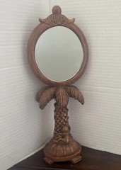 VTG 3D 12”Resin Carved Palm Tree W/ Monkey Figures, 2sided Round Mirror/Artwork