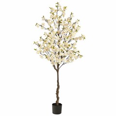 Artificial Cherry Blossom Tree in Black Pot Planter, White/Green 78″ Tall