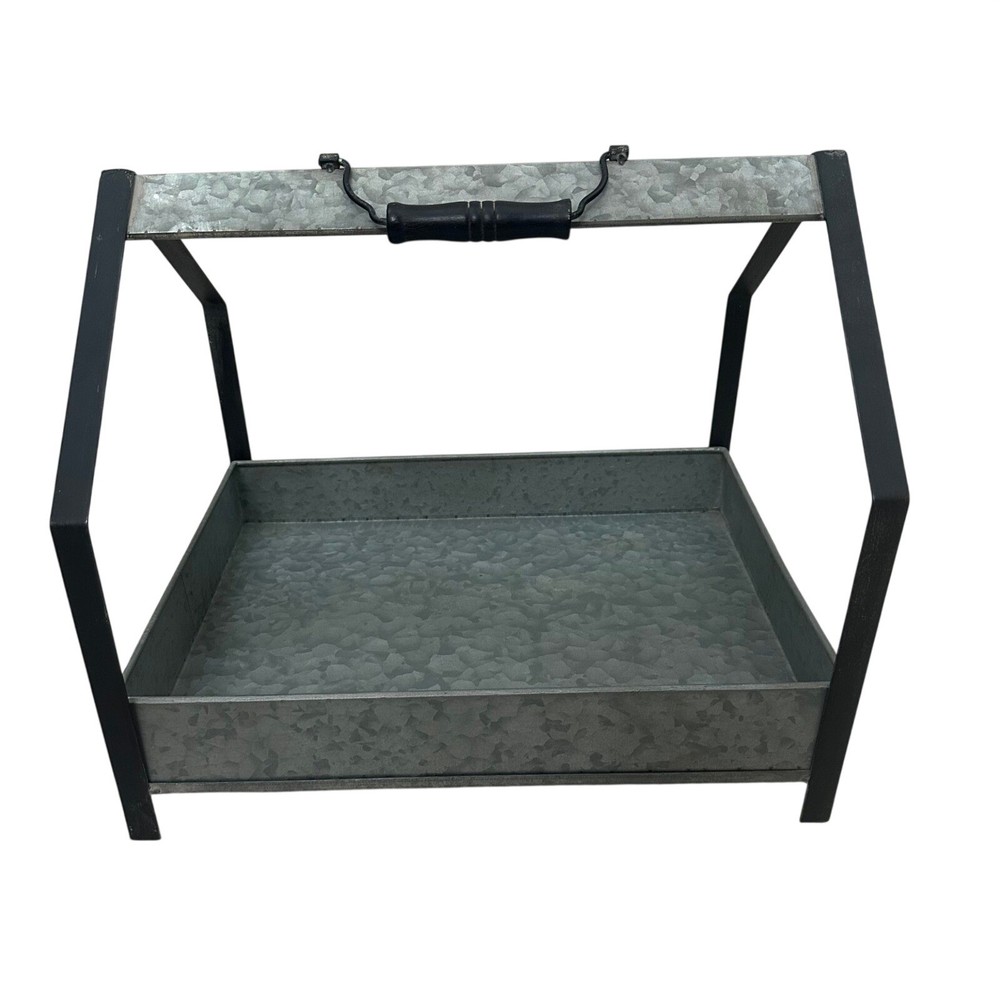 Galvanized Metal Caddy Rustic Farmhouse Industrial Storage Tray Black Frame 16in
