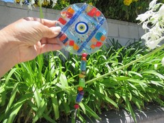 Fused Glass Round Evil Eye Mosaic Decor Wall Hanging, ~10″ long, 5″ diameter