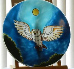 Moonlit Owl in Flight Fused Art Glass Platter Bird Lodge Decor Made in Ecuador