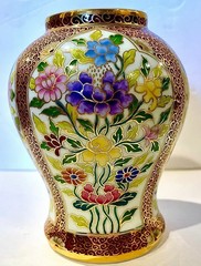 READ! Vintage Cloisonné-Style Illustrative Enamel Peony Gold Filigree Vase