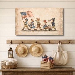 Vintage 4th of July Parade Canvas Art, Americana Kids Patriotic Wall Decor Print