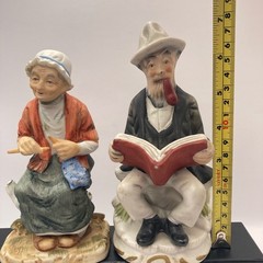 Vintage Ceramic Figurines Couple Reading Book and Knitting-One Branded Japan