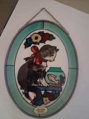 Vintage Joan Baker Designs Hand-Painted Cat & Fishbowl Suncatcher Window Decor