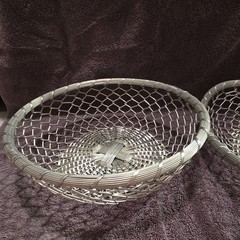 Set of 2 Silver Woven Wire Metal Baskets Round & Oval Freestanding Medium