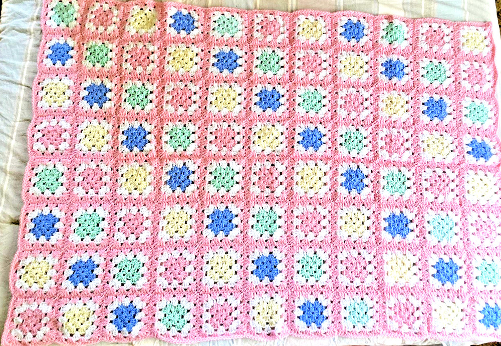 Handmade Crocheted Afghan Granny Squares Baby Blanket Pink Multicolor 38″ x 52″