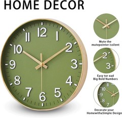8 Inch Silent Wall Clock Battery Operated Modern 3D Numbers Green Gold