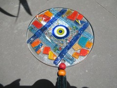 Fused Glass Round Evil Eye Mosaic Decor Wall Hanging, ~10″ long, 5″ diameter