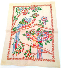 Vintage Embroidered Parrots Floral Doily Wall Art Hanging Multicolor Home Decor