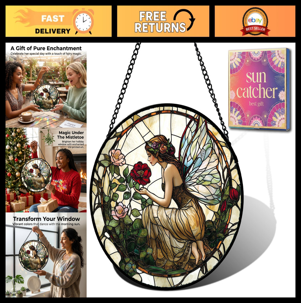 Butterfly Flower Fairy Faux Stained Glass Sun Catcher – Home Decor Gift for Wome